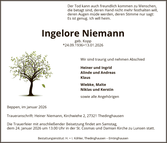 Traueranzeige von Ingelore Niemann von SYKS