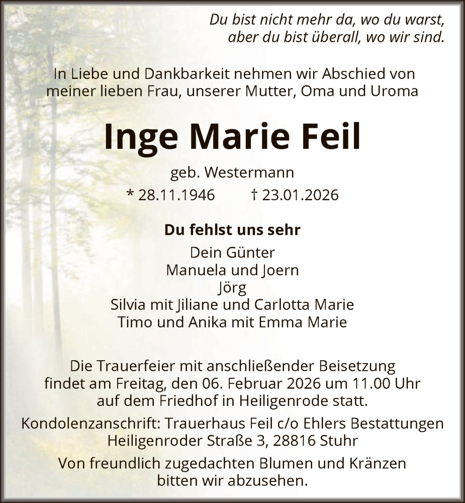  Traueranzeige für Inge Marie Feil vom 31.01.2026 aus SYKS
