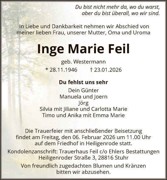 Traueranzeige von Inge Marie Feil von SYKS