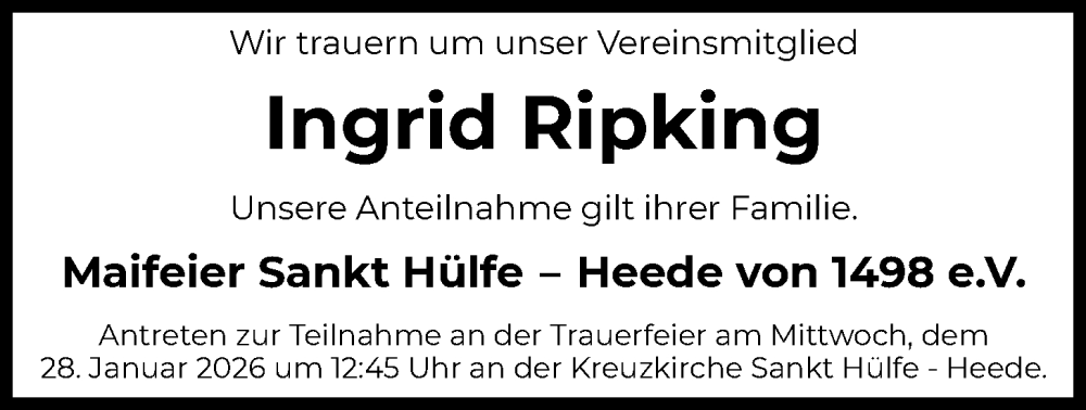  Traueranzeige für Ingrid Ripking vom 21.01.2026 aus SYKS
