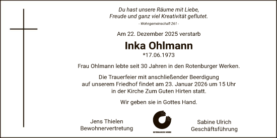 Traueranzeige von Inka Ohlmann von SYKR