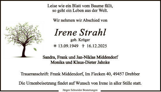 Traueranzeige von Irene Strahl von SYKS
