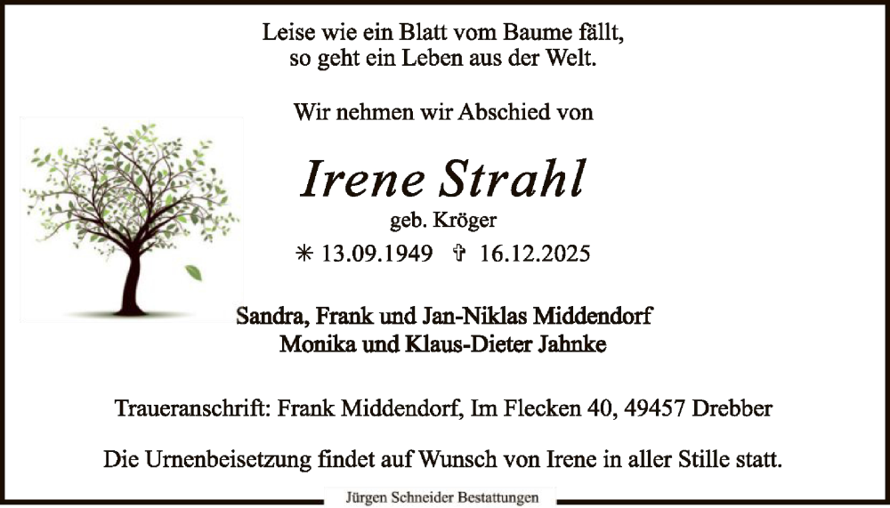  Traueranzeige für Irene Strahl vom 02.01.2026 aus SYKS