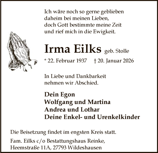 Traueranzeige von Irma Eilks von SYWZ