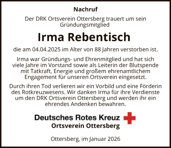 Traueranzeige von Irma Rebentisch von SYKR