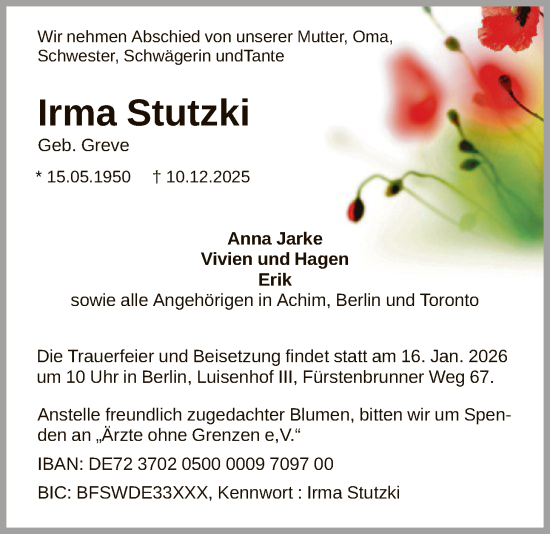 Traueranzeige von Irma Stutzki von SYKS