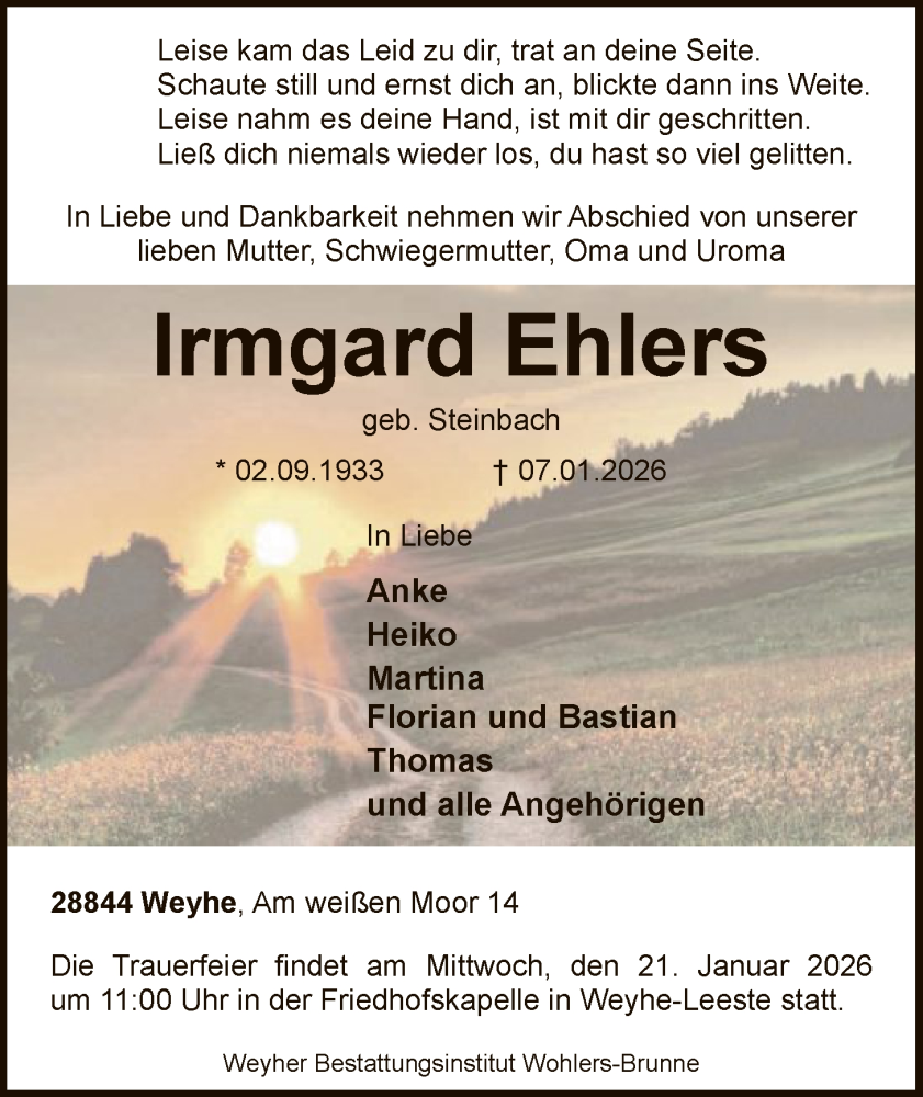  Traueranzeige für Irmgard Ehlers vom 17.01.2026 aus SYKS