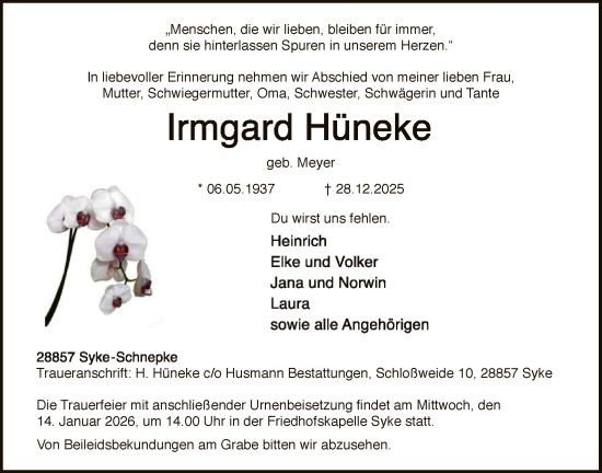 Traueranzeige von Irmgard Hüneke von SYKS