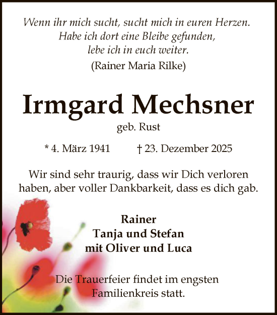 Traueranzeige von Irmgard Mechsner von SYKS