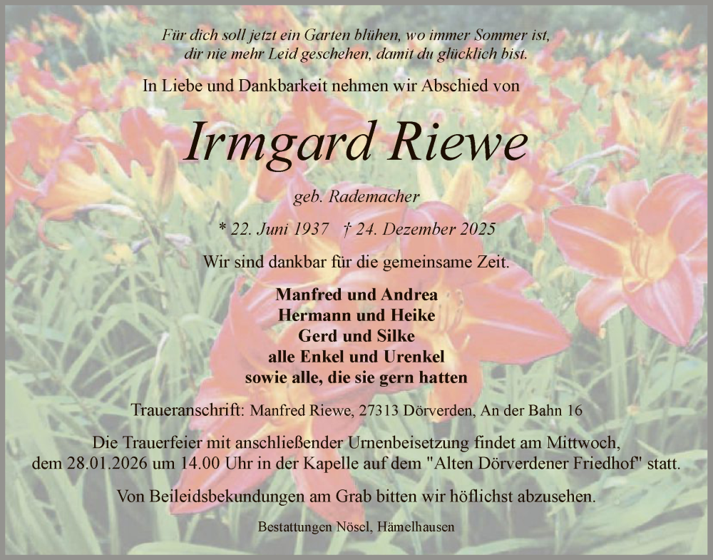  Traueranzeige für Irmgard Riewe vom 24.01.2026 aus SYKS