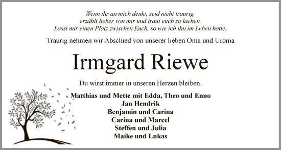 Traueranzeige von Irmgard Riewe von SYKS