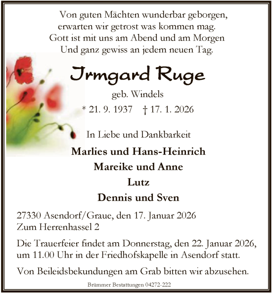 Traueranzeige von Irmgard Ruge von SYKS