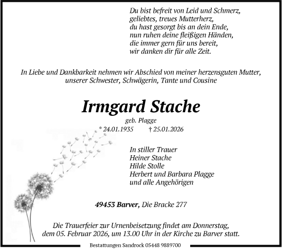 Traueranzeige von Irmgard Stache von SYKS