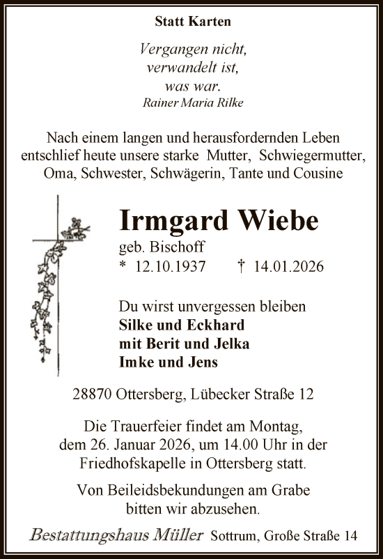 Traueranzeige von Irmgard Wiebe von SYKS