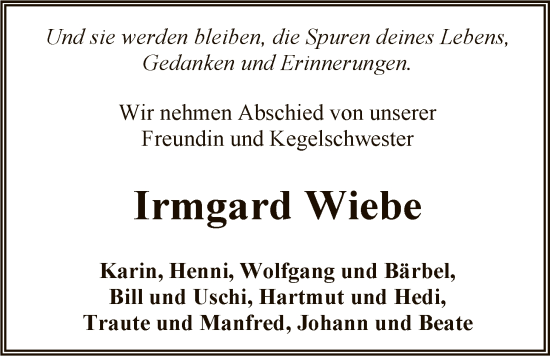 Traueranzeige von Irmgard Wiebe von SYKR