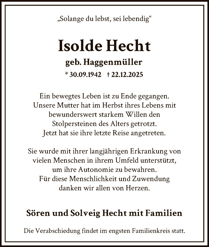  Traueranzeige für Isolde Hecht vom 10.01.2026 aus SYKS