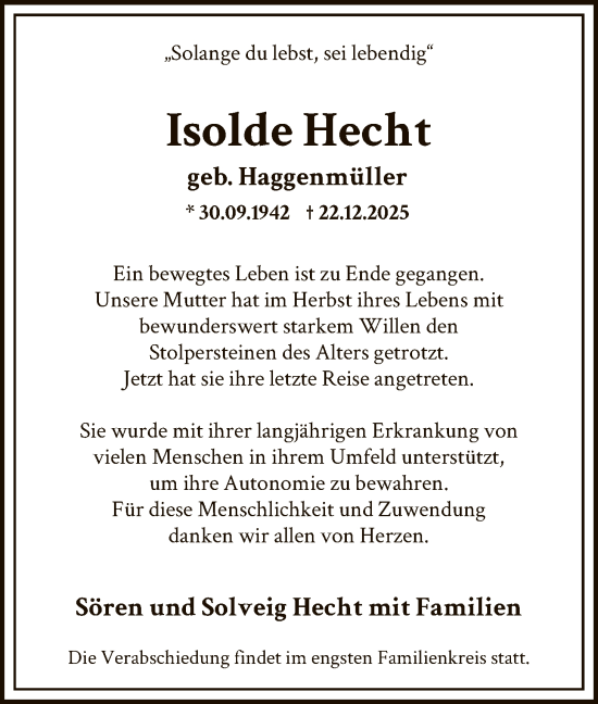 Traueranzeige von Isolde Hecht von SYKS