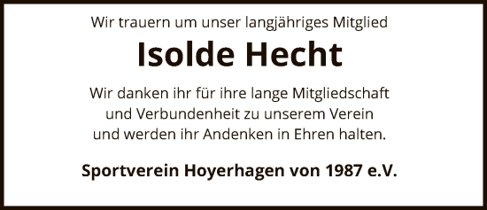 Traueranzeige von Isolde Hecht von SYKS
