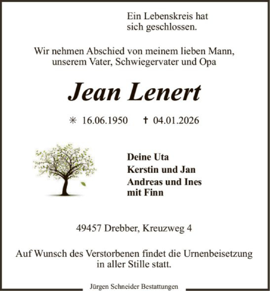  Traueranzeige für Jean Lenert vom 10.01.2026 aus SYKS