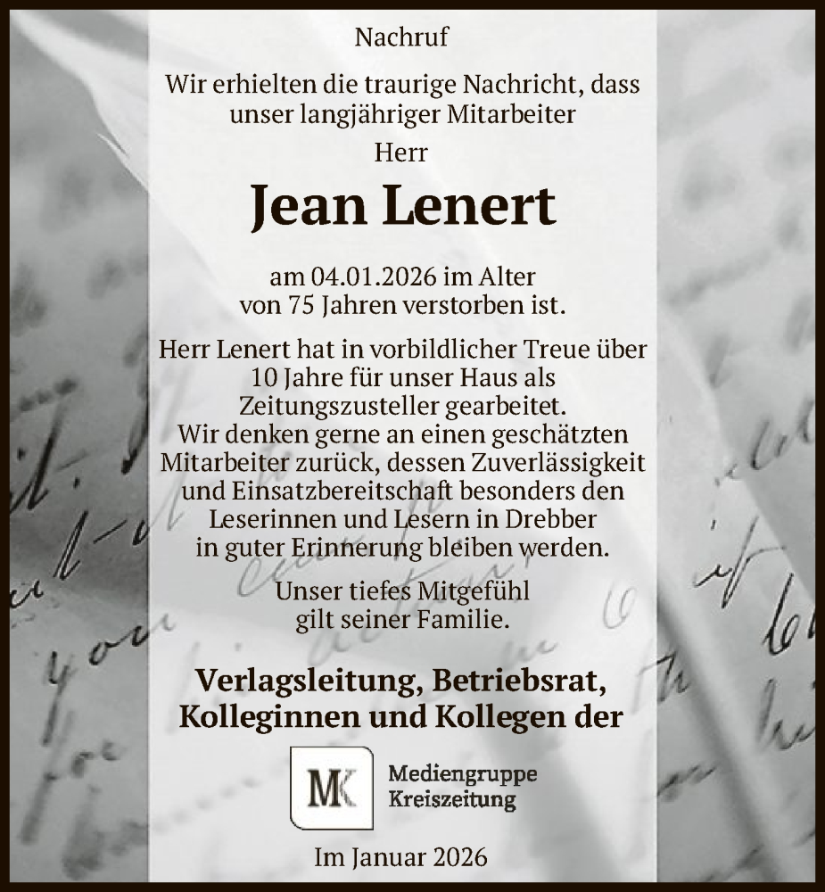  Traueranzeige für Jean Lenert vom 10.01.2026 aus SYKS