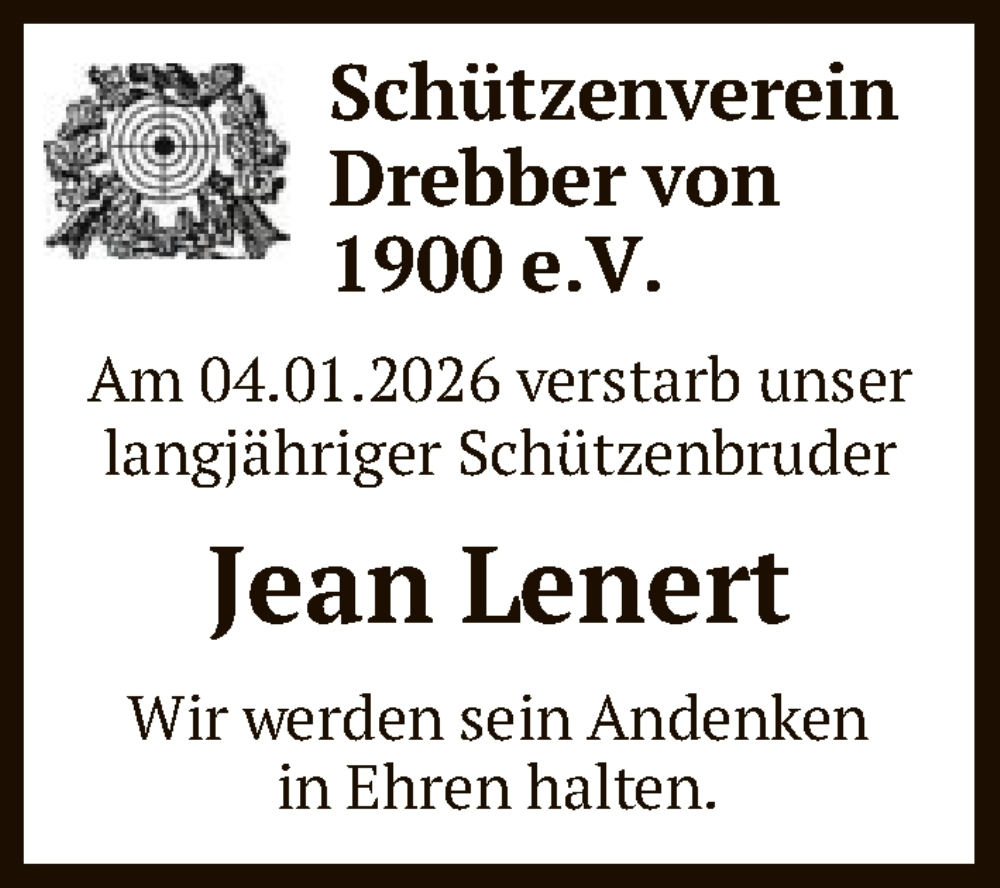  Traueranzeige für Jean Lenert vom 14.01.2026 aus SYKS