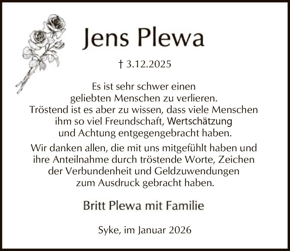  Traueranzeige für Jens Plewa vom 10.01.2026 aus SYKS