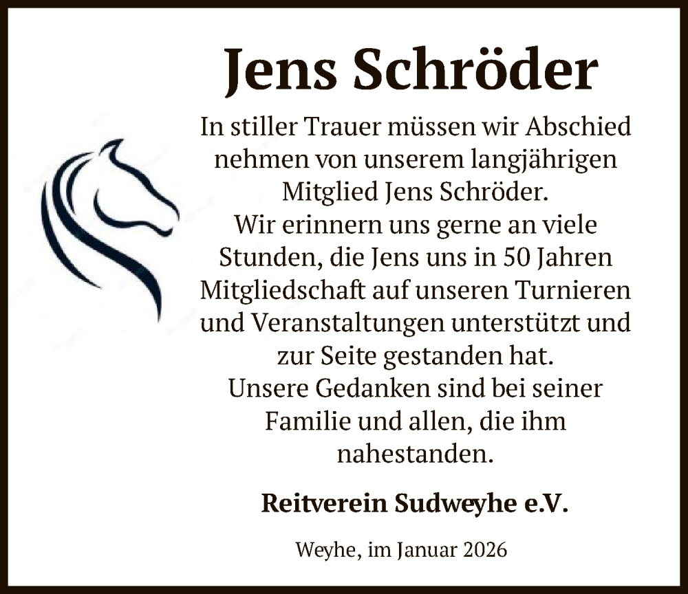  Traueranzeige für Jens Schröder vom 31.01.2026 aus SYKS