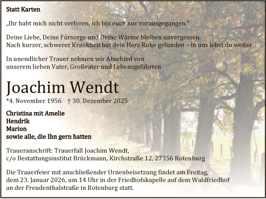 Traueranzeige von Joachim Wendt von SYKR