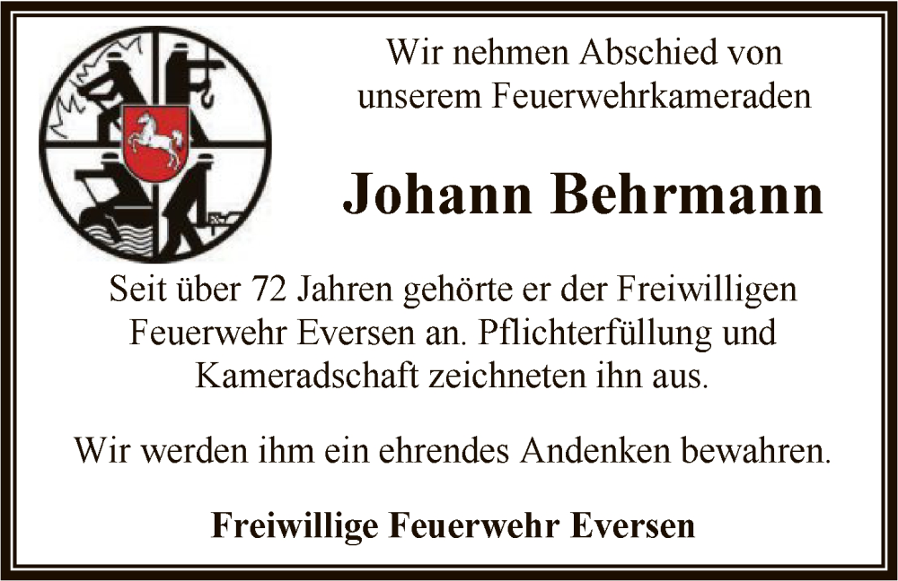 Traueranzeige für Johann Behrmann vom 31.01.2026 aus SYKR