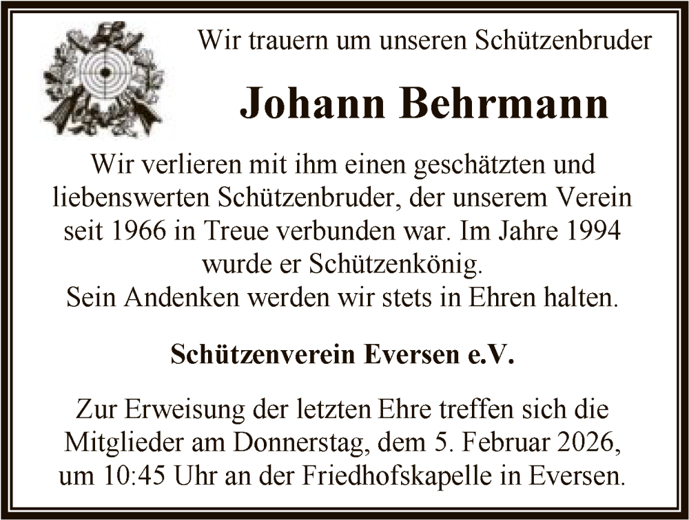  Traueranzeige für Johann Behrmann vom 31.01.2026 aus SYKR