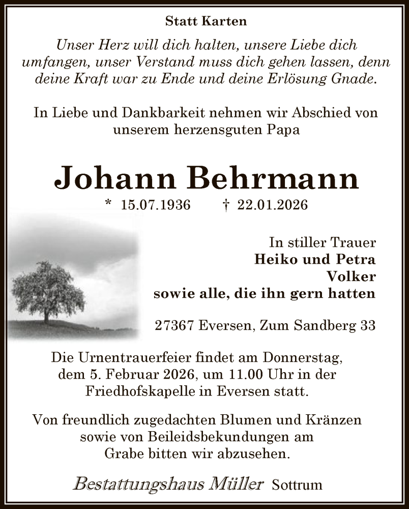  Traueranzeige für Johann Behrmann vom 28.01.2026 aus SYKR