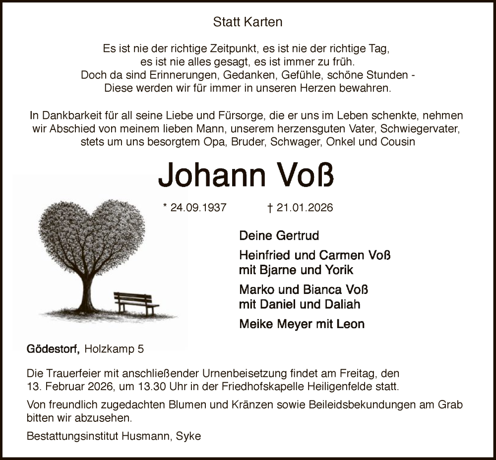  Traueranzeige für Johann Voß vom 31.01.2026 aus SYKS