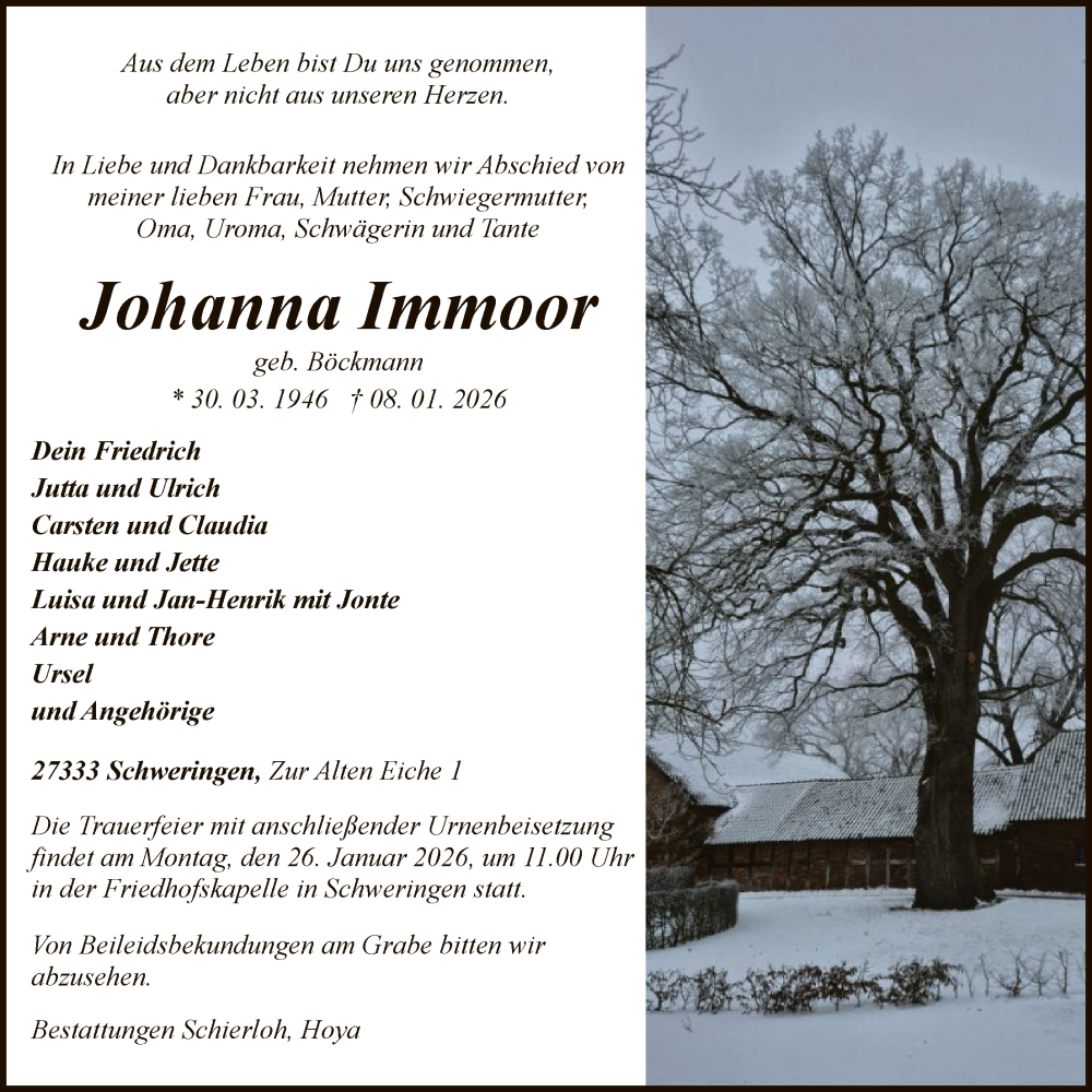  Traueranzeige für Johanna Immoor vom 17.01.2026 aus SYKS