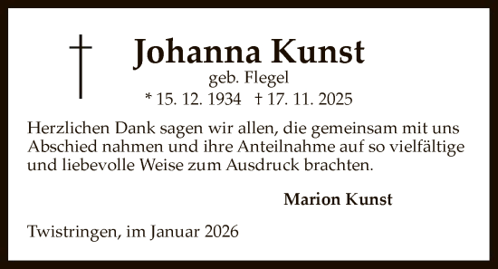 Traueranzeige von Johanna Kunst von SYKS