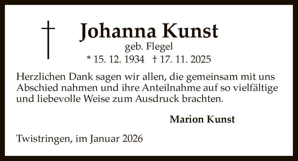  Traueranzeige für Johanna Kunst vom 10.01.2026 aus SYKS