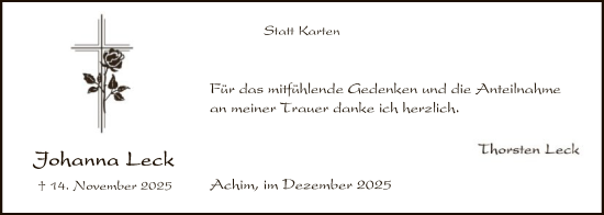 Traueranzeige von Johanna Leck von SYKS