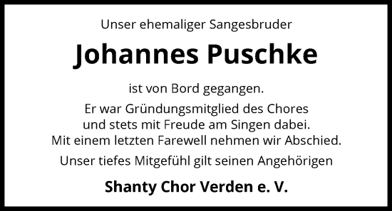 Traueranzeige von Johannes Christoph Puschke von SYKS