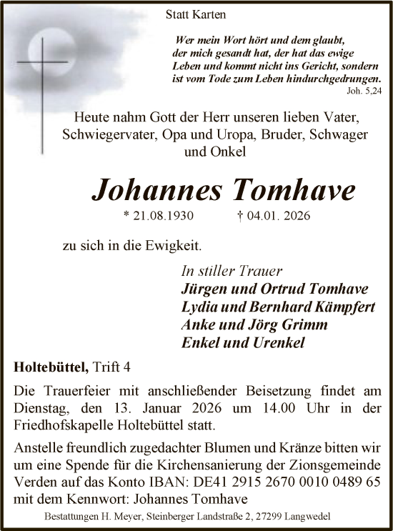 Traueranzeige von Johannes Tomhave von SYKS