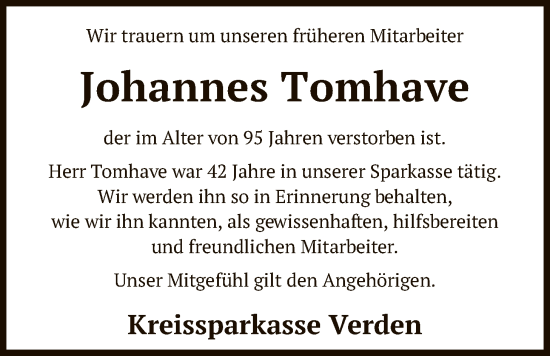 Traueranzeige von Johannes Tomhave von SYKS