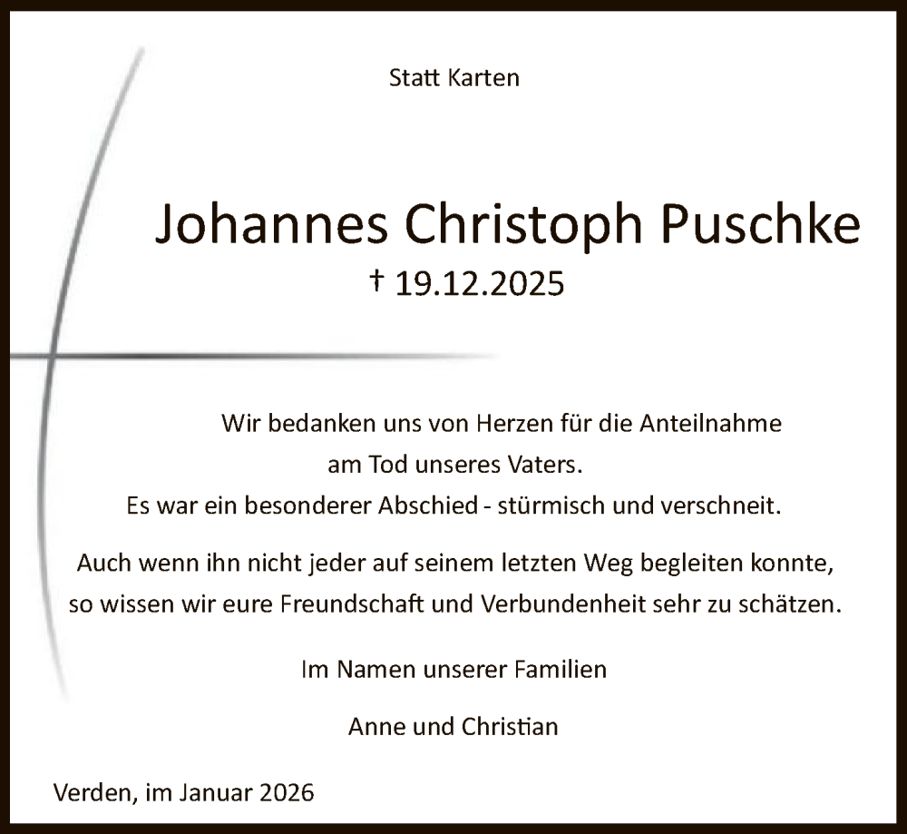  Traueranzeige für Johannes Christoph Puschke vom 31.01.2026 aus SYKS