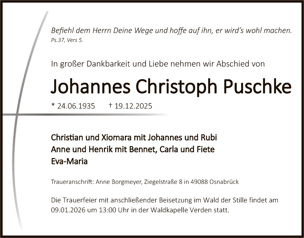  Traueranzeige für Johannes Christoph Puschke vom 03.01.2026 aus SYKS