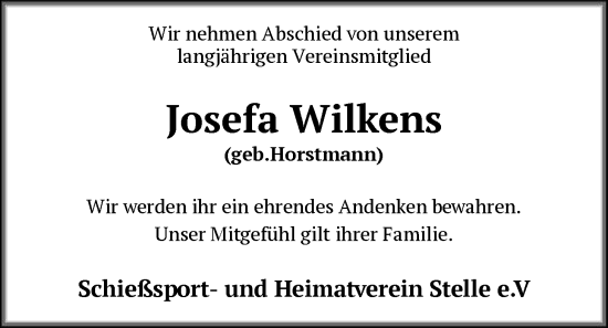 Traueranzeige von Josefa Wilkens von SYKS