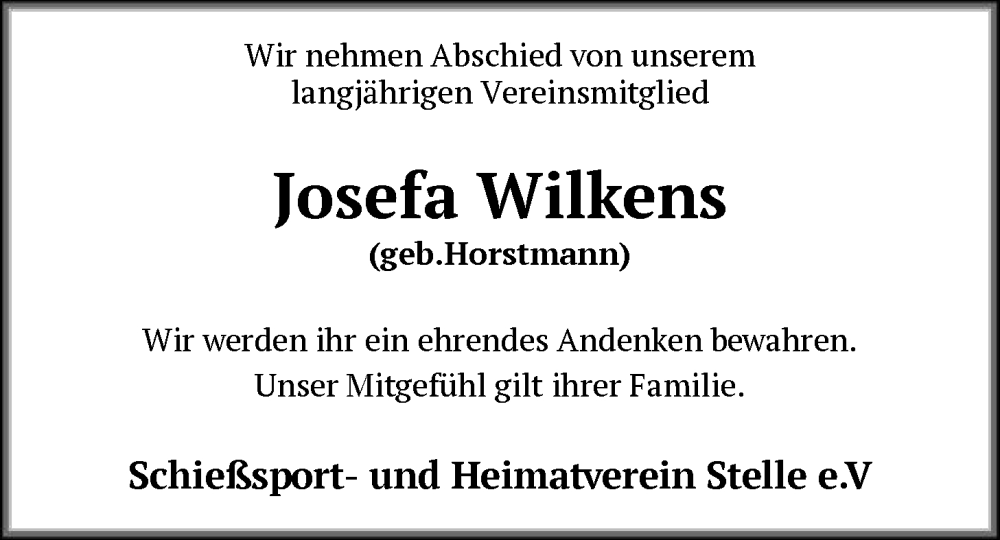  Traueranzeige für Josefa Wilkens vom 07.01.2026 aus SYKS