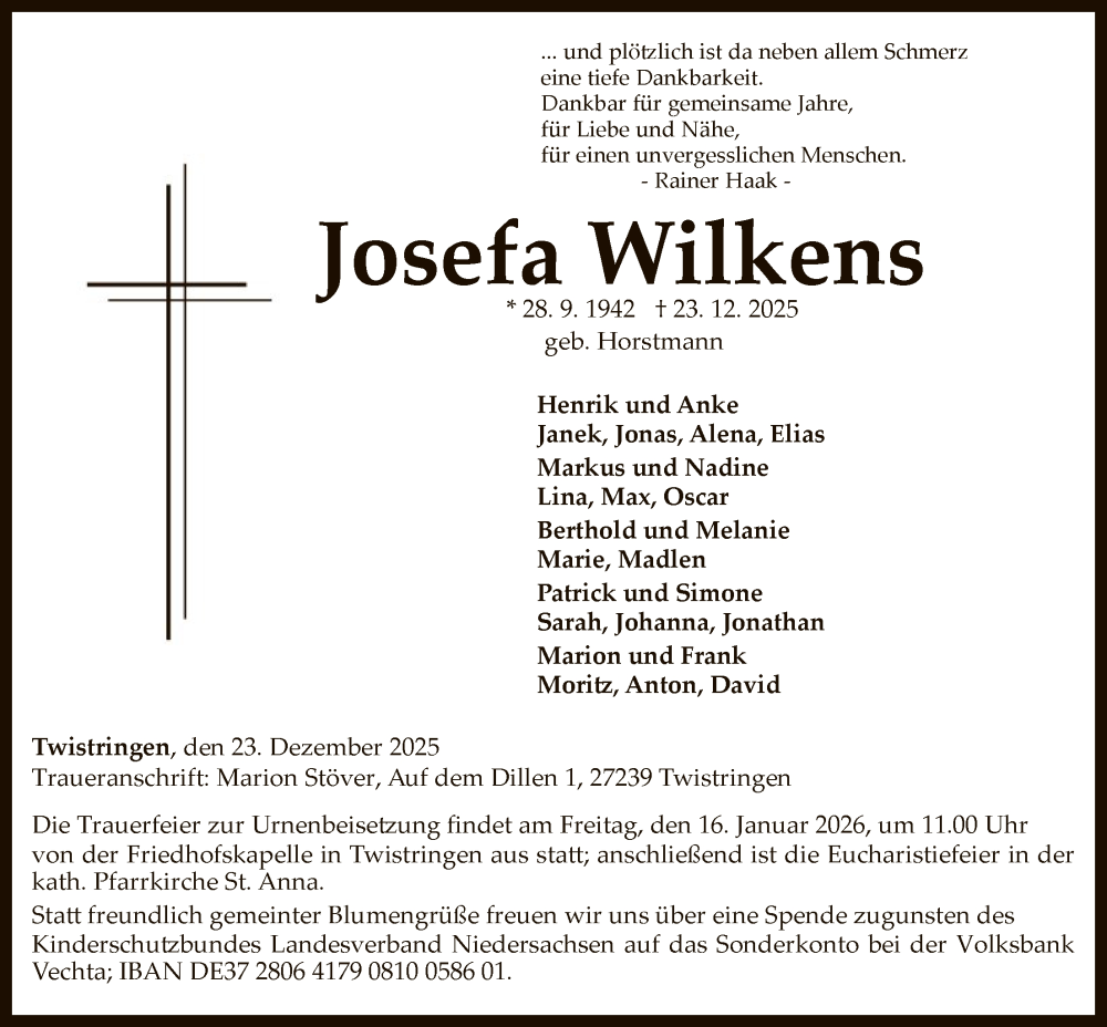  Traueranzeige für Josefa Wilkens vom 03.01.2026 aus SYKS