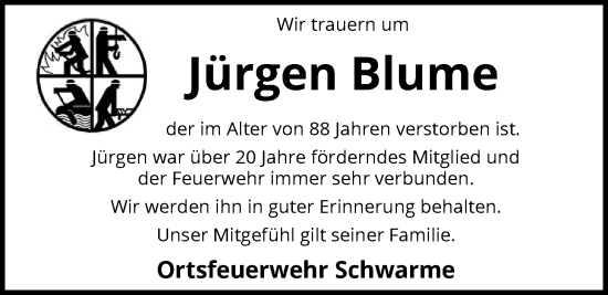 Traueranzeige von Jürgen Blume von SYKS