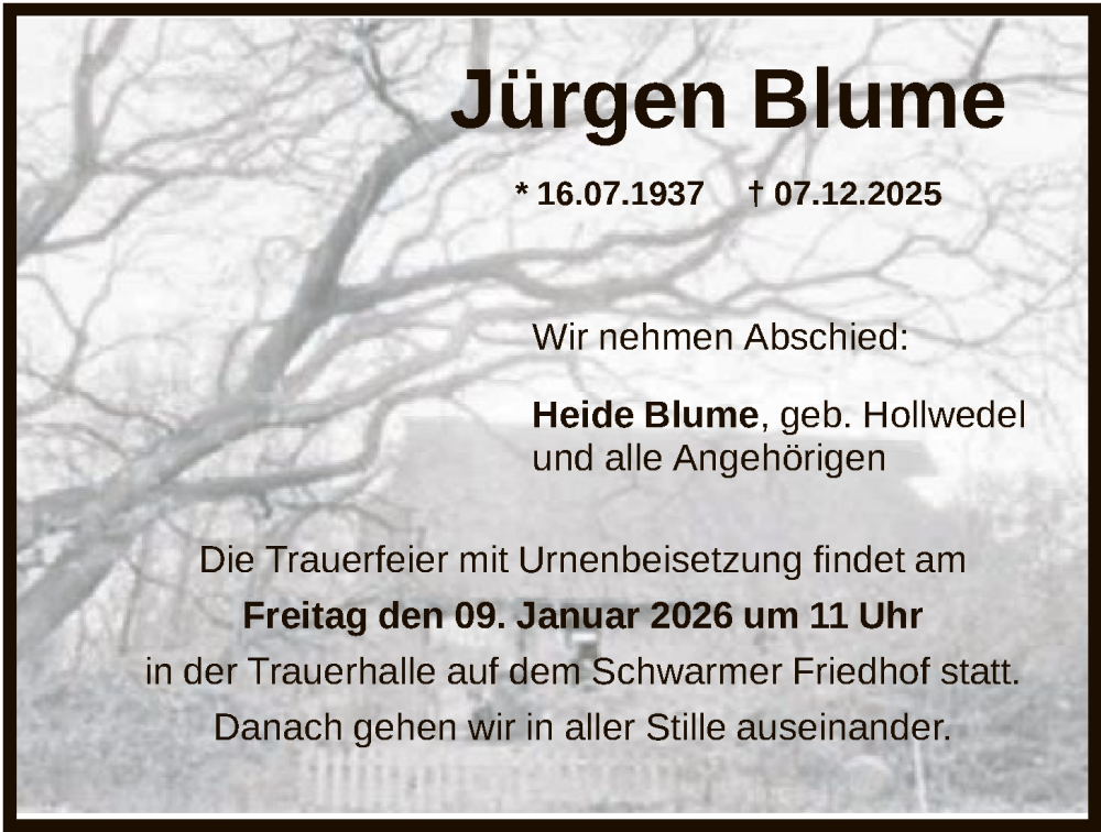  Traueranzeige für Jürgen Blume vom 03.01.2026 aus SYKS