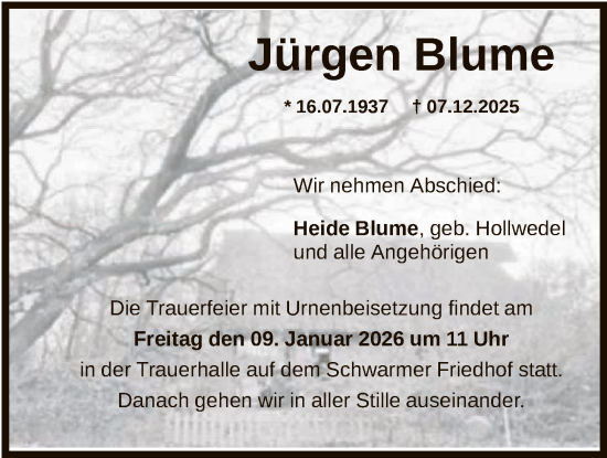 Traueranzeige von Jürgen Blume von SYKS