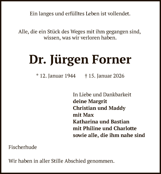 Traueranzeige von Jürgen Forner von SYKS