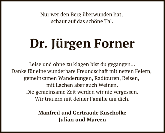 Traueranzeige von Jürgen Forner von SYKS