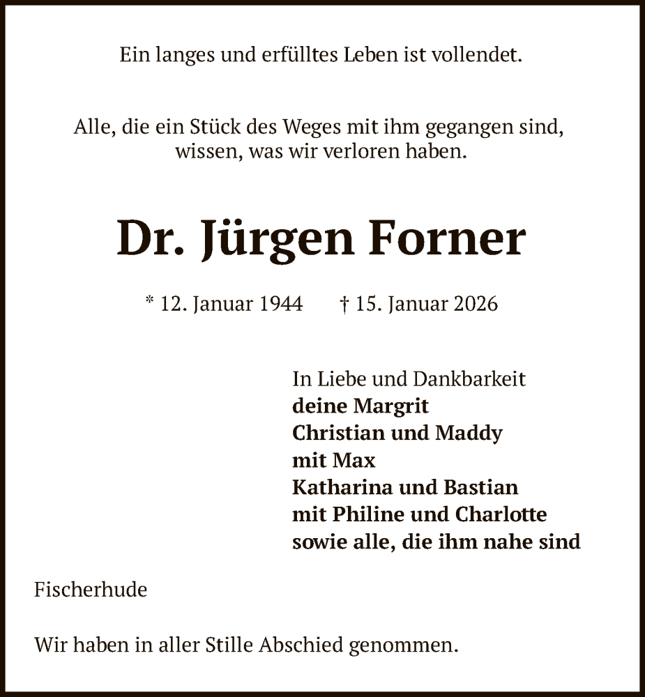  Traueranzeige für Jürgen Forner vom 31.01.2026 aus SYKS